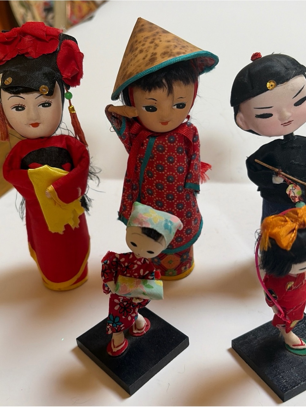 Vintage fabric Asian doll dolls set lot of 5 ethnic Republic China bobble head